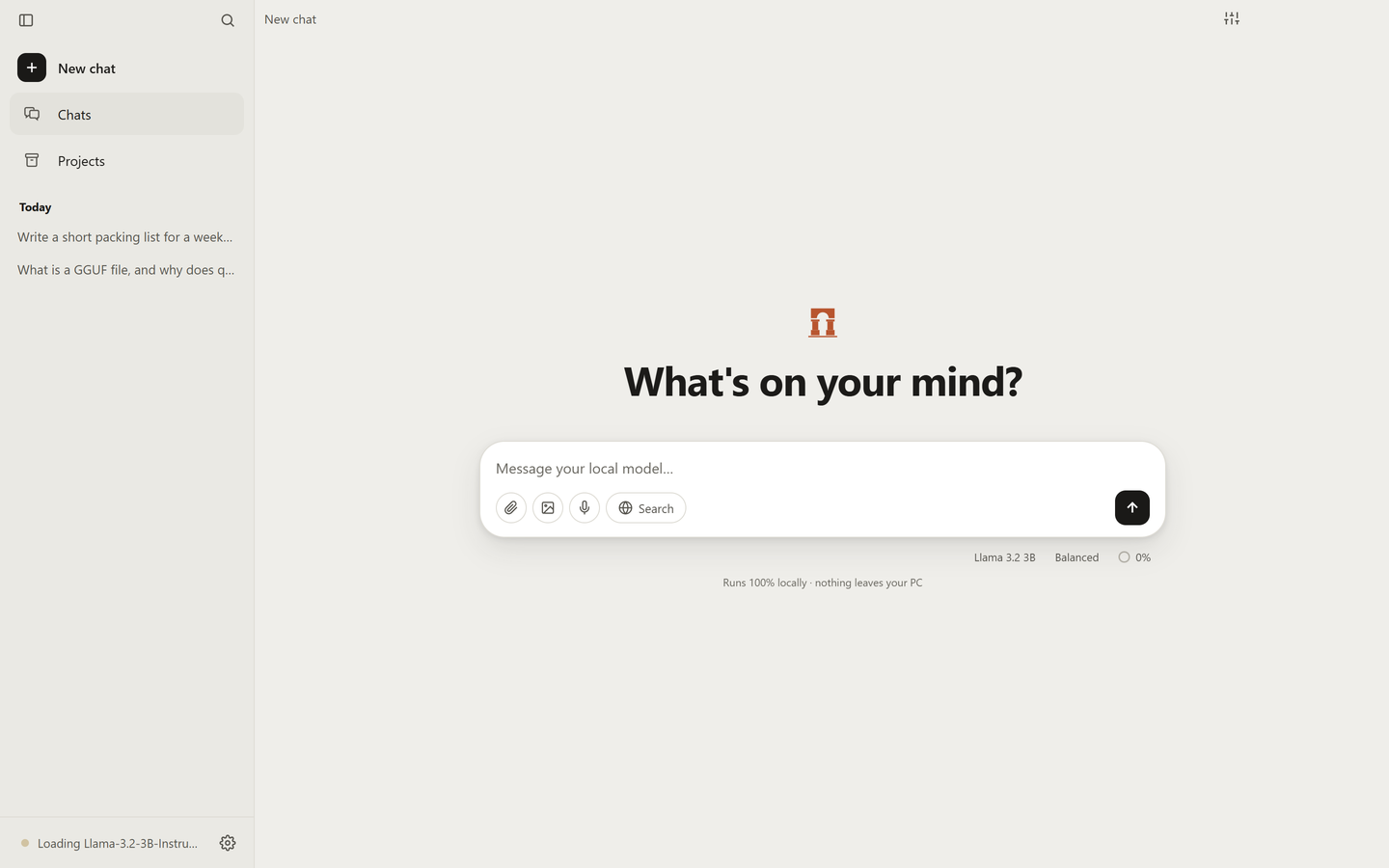 Portico as it opens: a sidebar with chats and projects, a message box, and a line reading Runs 100% locally.