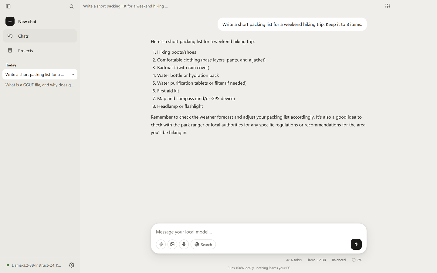 A conversation in Portico: a packing list answered by Llama 3.2 3B, with the speed and context usage along the bottom.