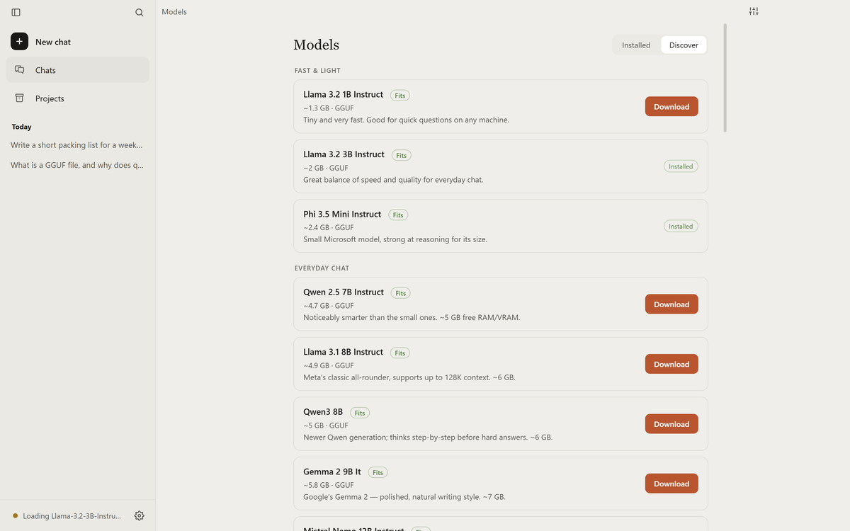Portico's model catalogue: each entry shows its size and a green Fits badge, with Installed marked on the ones already downloaded.