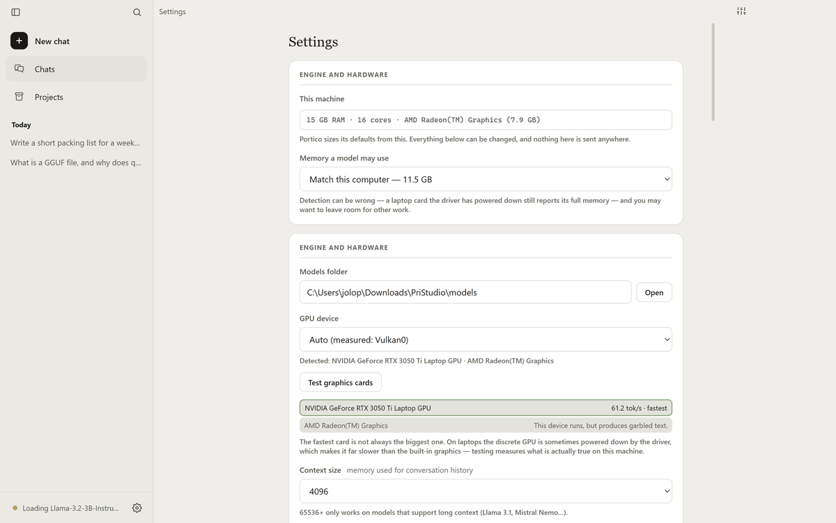 Portico's Settings, showing the detected machine, the memory budget, and the list of what leaves the computer.